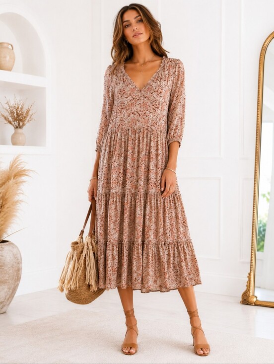 June & Ivy Dresses & Skirts - Jun & Ivy Floral Tiered Maxi Dress Lined Boho Cottagecore Rayon Size M